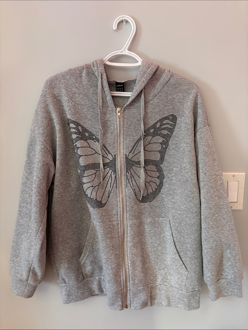Y2K Light Gray Zip-Up Hoodie Rhinestone Butterfly